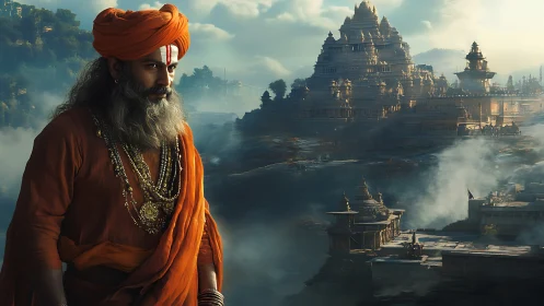 Photorealistic portrait of sage before misty temple complex.