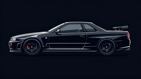 Side-elevation vector profile of black tuned sport coupe