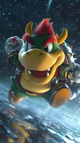 Dynamic turtle warrior sprints through reflective rainstorm.