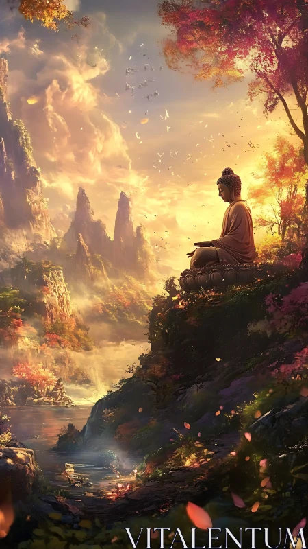 Serene Buddha statue overlooks glowing autumn valley at dawn