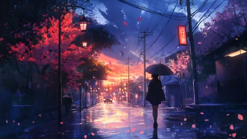Rainy city street glows under vivid neon sunset sky.