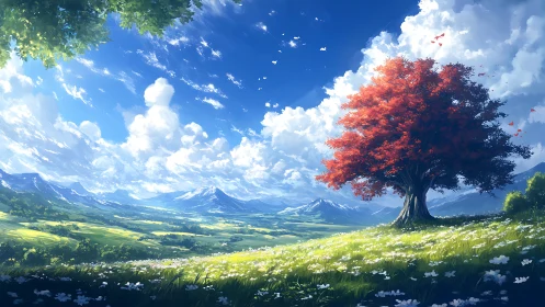 Red tree on hillside overlooking distant mountain valley.