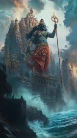 Colossal blue deity strides before storm-lashed temple city