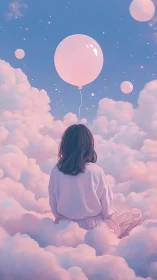Soft sky dream where a quiet girl rests among pink clouds