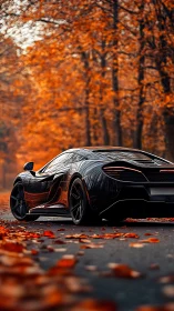 Black supercar parked on autumn road under orange trees.