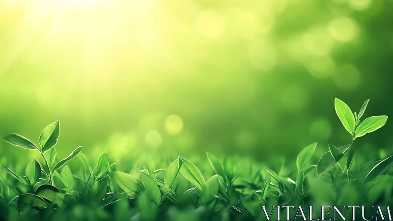 Fresh green leaves in sunlight, soft focus nature background.
