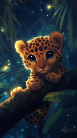 Baby leopard rests on jungle branch under glowing fireflies.