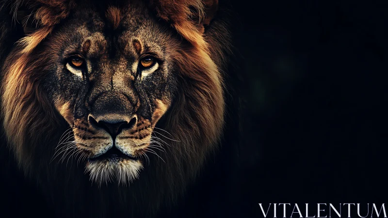 Photorealistic low-key lion portrait with chiaroscuro focus.