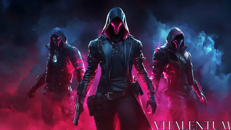 Shadowy trio of neon rogues stride through glowing battle fog