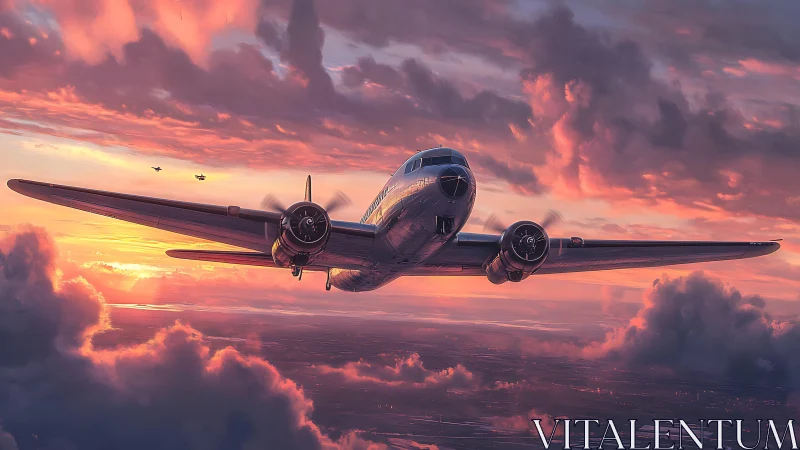 Twin engine prop airliner flies toward viewer at sunset sky