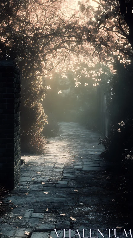 Backlit cobblestone garden path under flowering tree canopy
