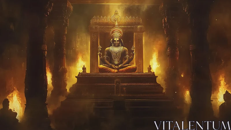 Divine bronze deity on ornate throne amid temple firelit haze