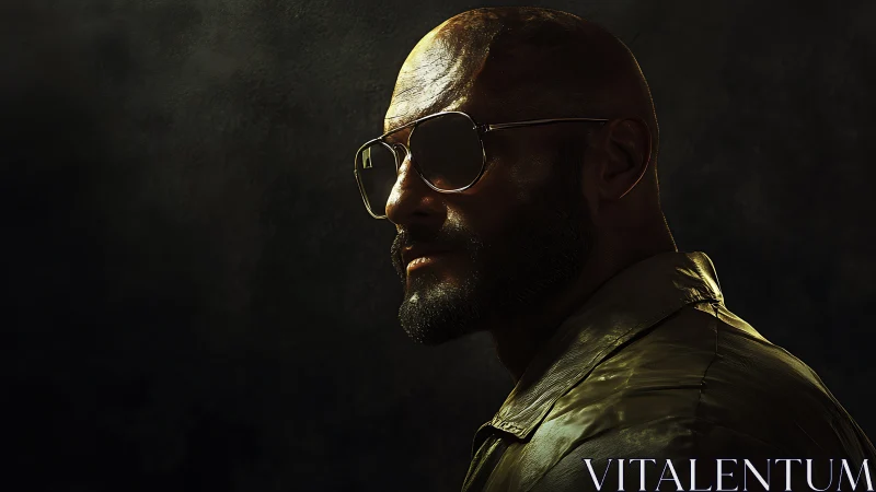 Bald man in sunglasses under dramatic side lighting.