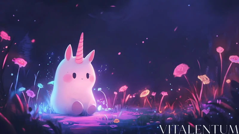 Chubby pastel unicorn sitting in glowing neon flower field.