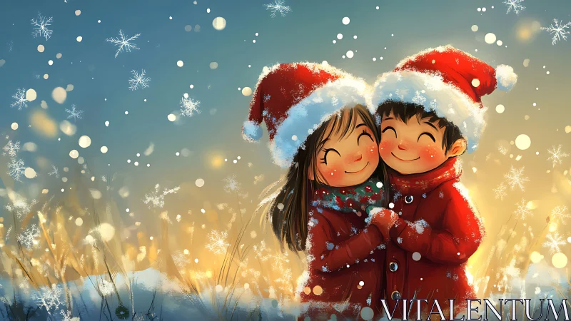 Children share cozy Christmas joy in a glowing snowfall scene.