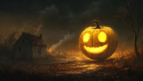 Gigantic glowing jack-o’-lantern illuminates desolate rural shack at night