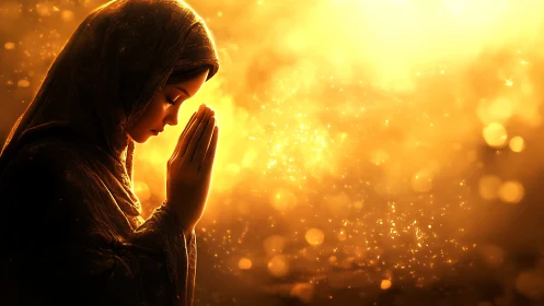 Softly lit prayer in a golden field of quiet light.