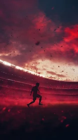 Lone footballer runs through fiery stadium haze at dusk
