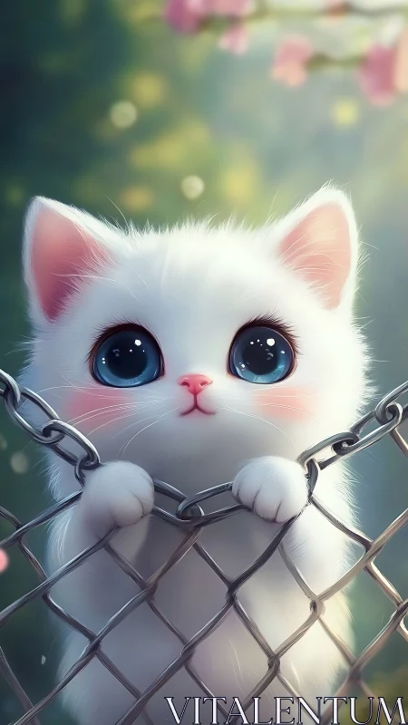 White feline with blue eyes behind chain-link fence.