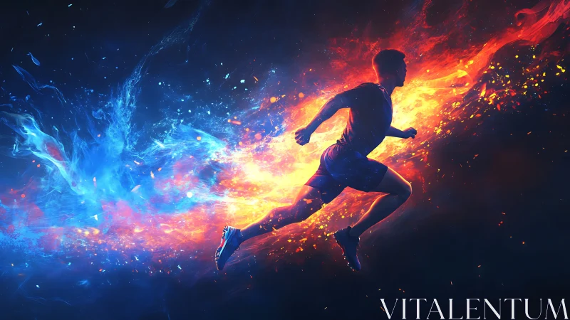 Dynamic runner silhouette with dual fire and ice energy trails