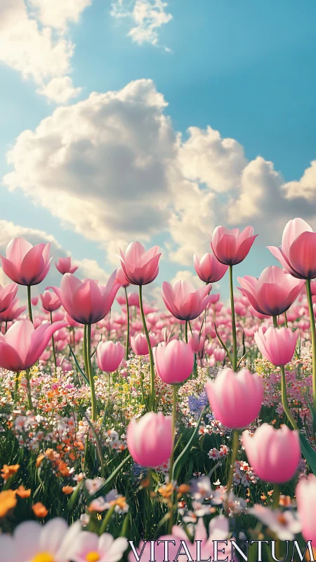 Spring tulip meadow under towering clouds in soft light.