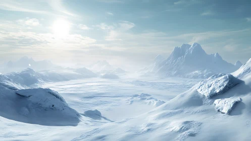 High-latitude frozen mountain basin under diffuse polar sun