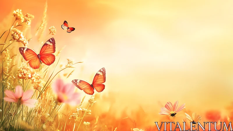 Orange butterflies over wildflower meadow in warm backlight