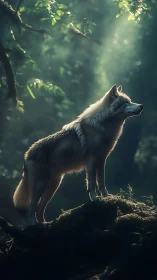 Lone wolf standing on mossy rock in soft forest light.