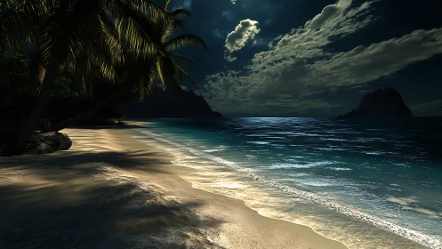 Tropical Beach Shoreline with Dramatic Sky and Distant Rock Formations