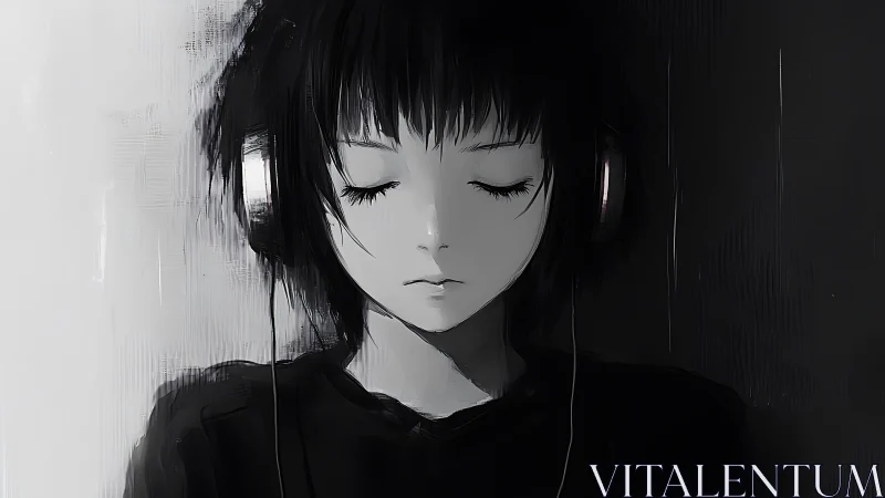 Monochrome portrait of headphones user with closed eyes.