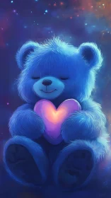Starlit blue teddy cradling a glowing cosmic heart pillow.