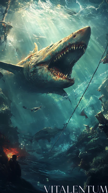Leviathan jaws erupt amid shipwrecked abyssal graveyard.