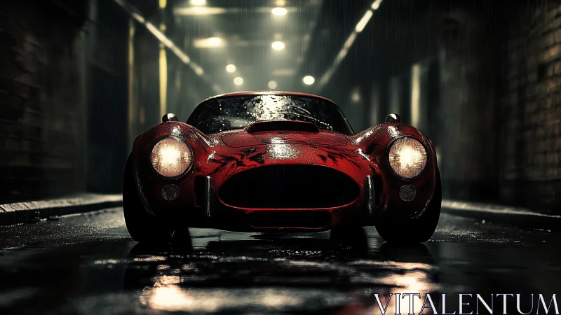 Scarlet sports car under cinematic rain-soaked alley lights.