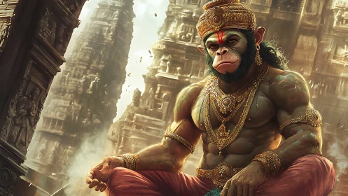 Hanuman-like warrior deity sits amid ancient temple ruins.