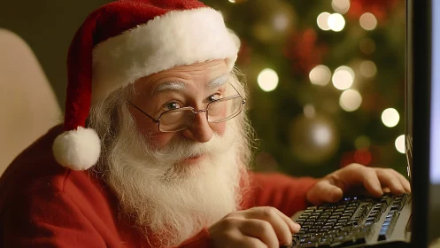Santa Claus types at a computer amid warm festive lights