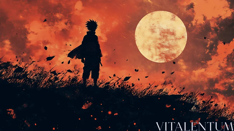 Silhouetted anime wanderer under overexposed lunar disc.