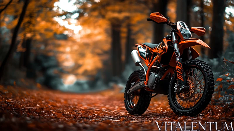 Orange enduro motorcycle dominates vibrant autumn forest trail.