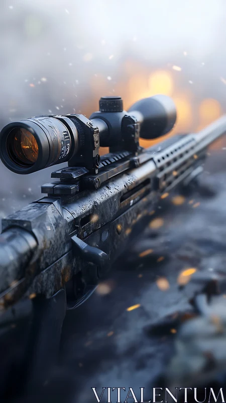 Tactical rifle scope mounted with professional optics in atmospheric bokeh