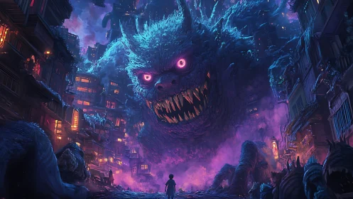 Colossal creature confronting solitary figure in neon alley.