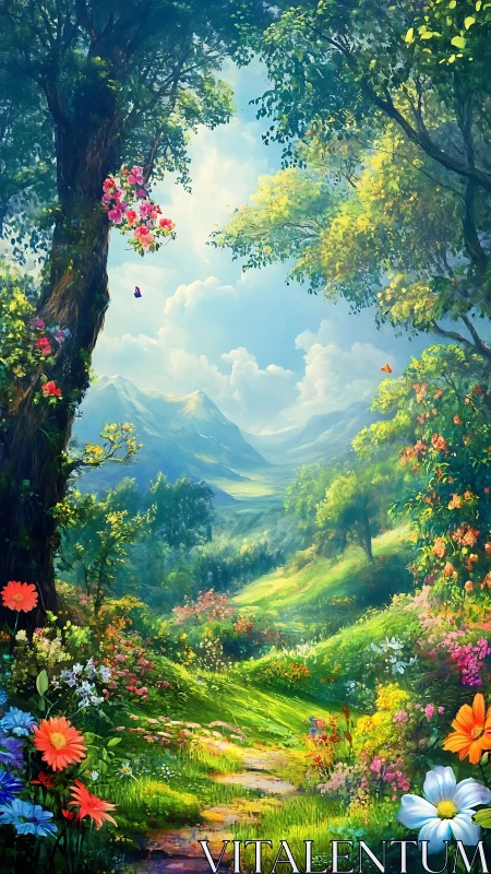 Luminous fantasy valley with wildflower path and mountains.