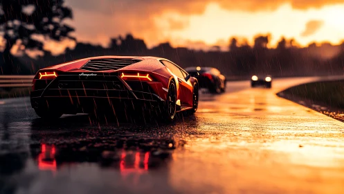 Rear-angle hypercar study on wet circuit under golden rainfall.