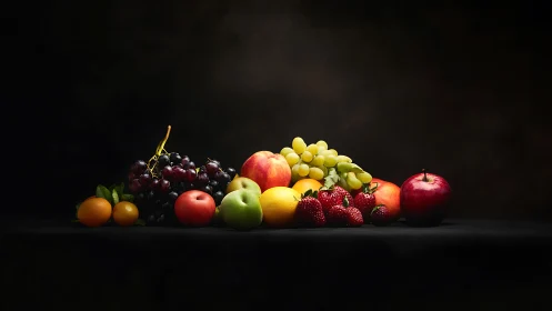 Still life fruit arrangement under dramatic studio light.