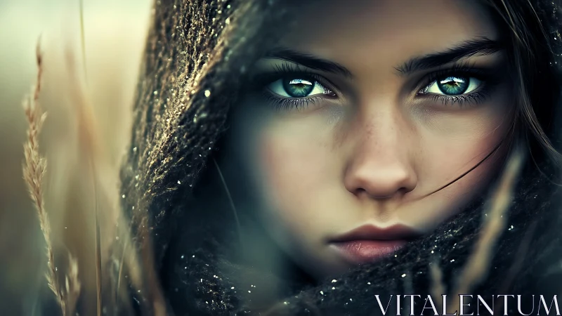 Iridescent gaze under hooded cloak in shallow field focus.