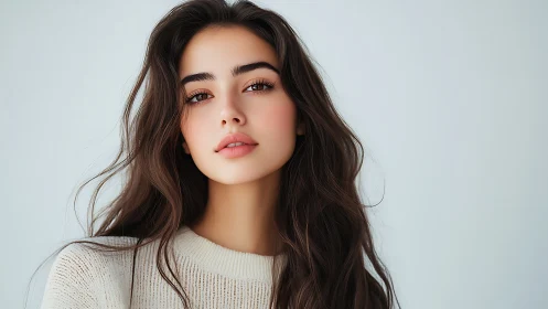 Soft-lit digital portrait of woman with flowing dark hair.