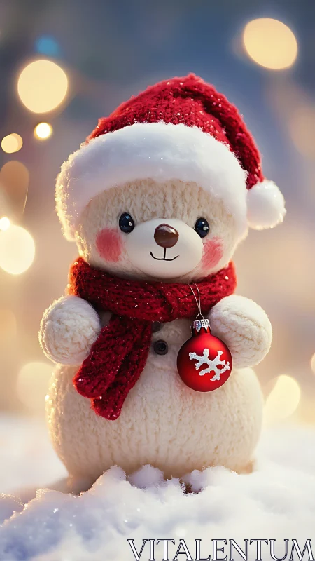Knitted snowman teddy in red Santa hat and bauble glow.