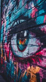 Vibrant street art eye watching the city with electric color.