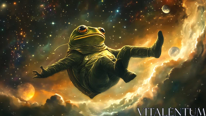 Cosmic frog astronaut drifting through glowing nebulae.
