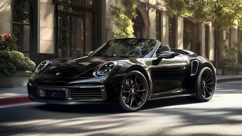 Black convertible sports car gleams on a sunlit city street