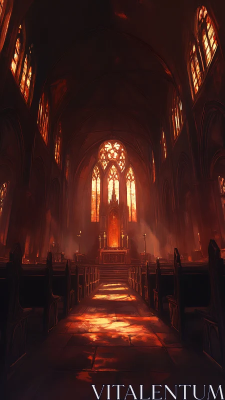 Warm sunset light fills a grand, reverent cathedral interior
