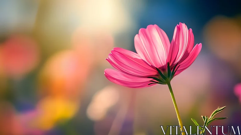 Pink cosmos blossom rendered in shallow-focus macro light